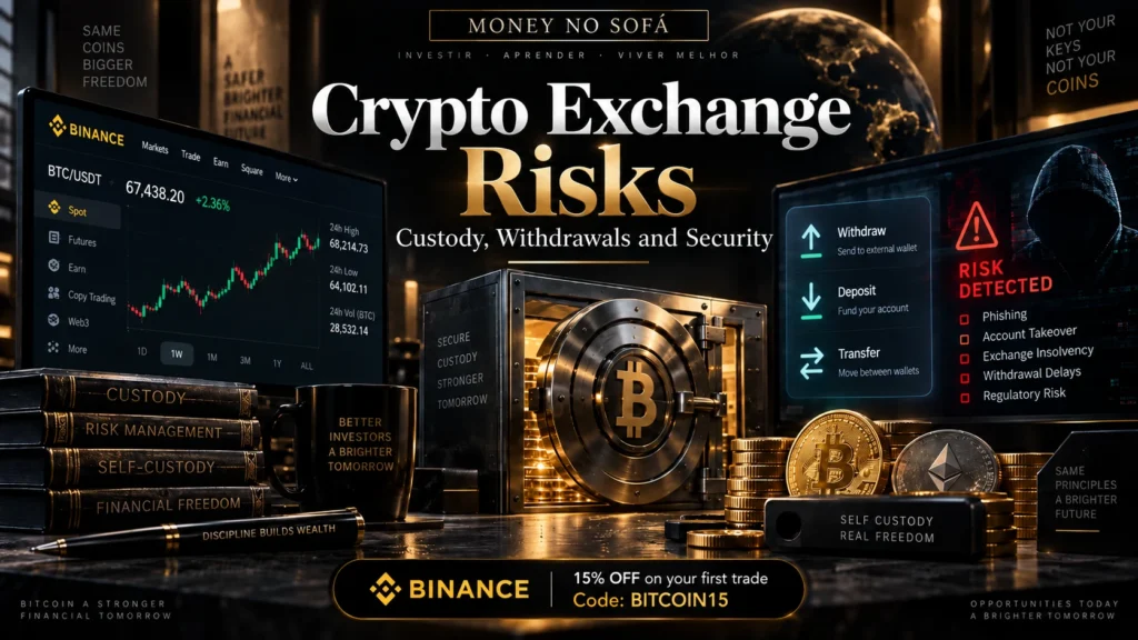 Cofre digital e carteiras conectadas representando custódia e saques em uma corretora de criptomoedas